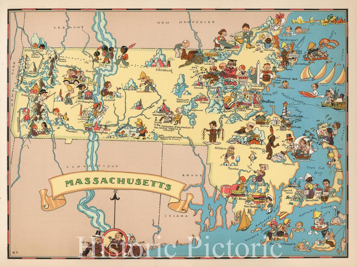 Massachusetts Pictorial Map 1935 - Historical Map Print