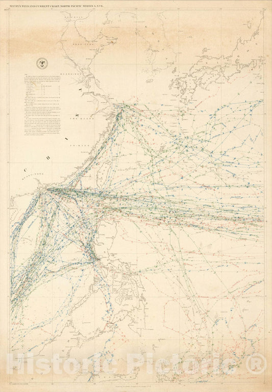 Historic Map : Maury's Wind and Current Chart, North Pacific Series A. No. 6 (China, Korea, Hong Kong, Japan, Philippines), 1852, Matthew Fontaine Maury, Vintage Wall Art