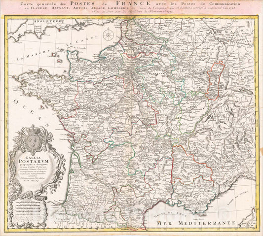 Historic Map : Gallia Postarum geographice designata in qua Cursus Postarum Secundum Statum Anni 1736 , 1745, Homann Heirs, Vintage Wall Art