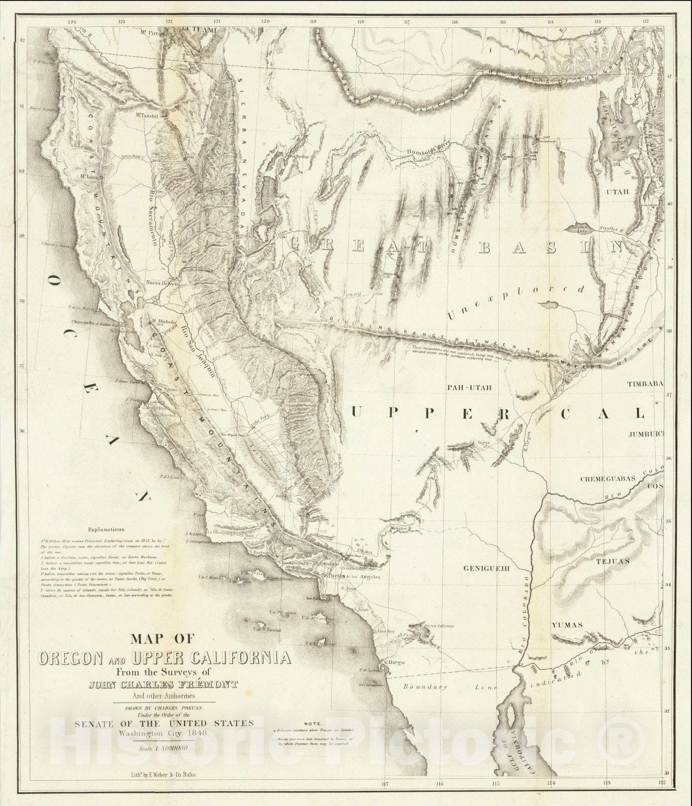 Historic Map : Map of Oregon and Upper California from the surveys of John Charles Fremont and others authorities drawn by Charles Preuss, 1848, 1848, v2, Vintage Wall Art