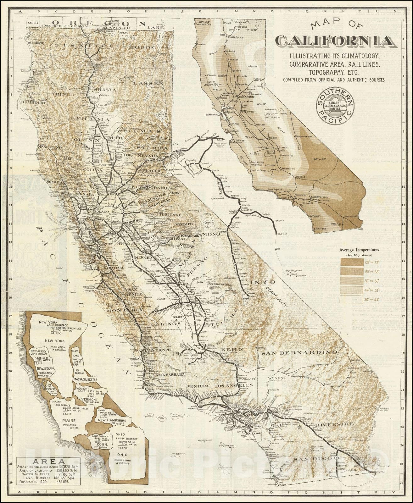 Historic Map : Map of California Illustrating Its Climatology, Comparative Area, Rail Lines, Topography, Etc., c1900, Southern Pacific Railroad Company, Vintage Wall Art