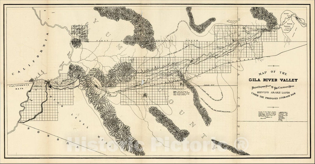 Historic Map : Map of the Gila River Valley From Oatman Flats to the Colorado River Showing Arable Lands Under the Proposed Storage Dam, 1889, 1889, Anonymous, Vintage Wall Art