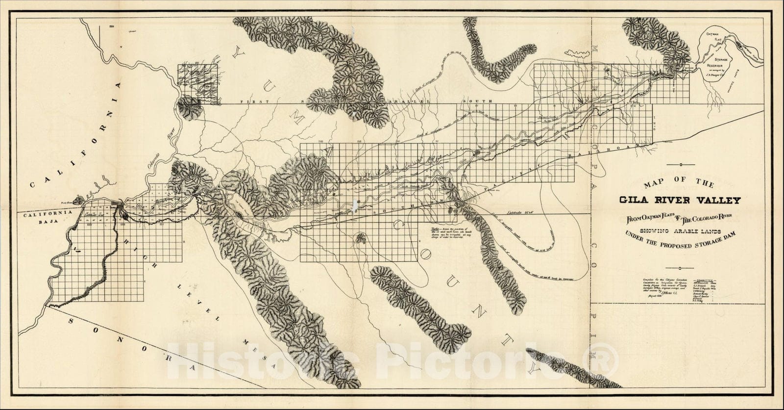 Historic Map : Map of the Gila River Valley From Oatman Flats to the Colorado River Showing Arable Lands Under the Proposed Storage Dam, 1889, 1889, Anonymous, Vintage Wall Art