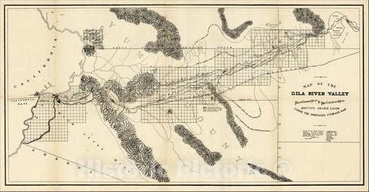 Historic Map : Map of the Gila River Valley From Oatman Flats to the Colorado River Showing Arable Lands Under the Proposed Storage Dam, 1889, 1889, Anonymous, Vintage Wall Art