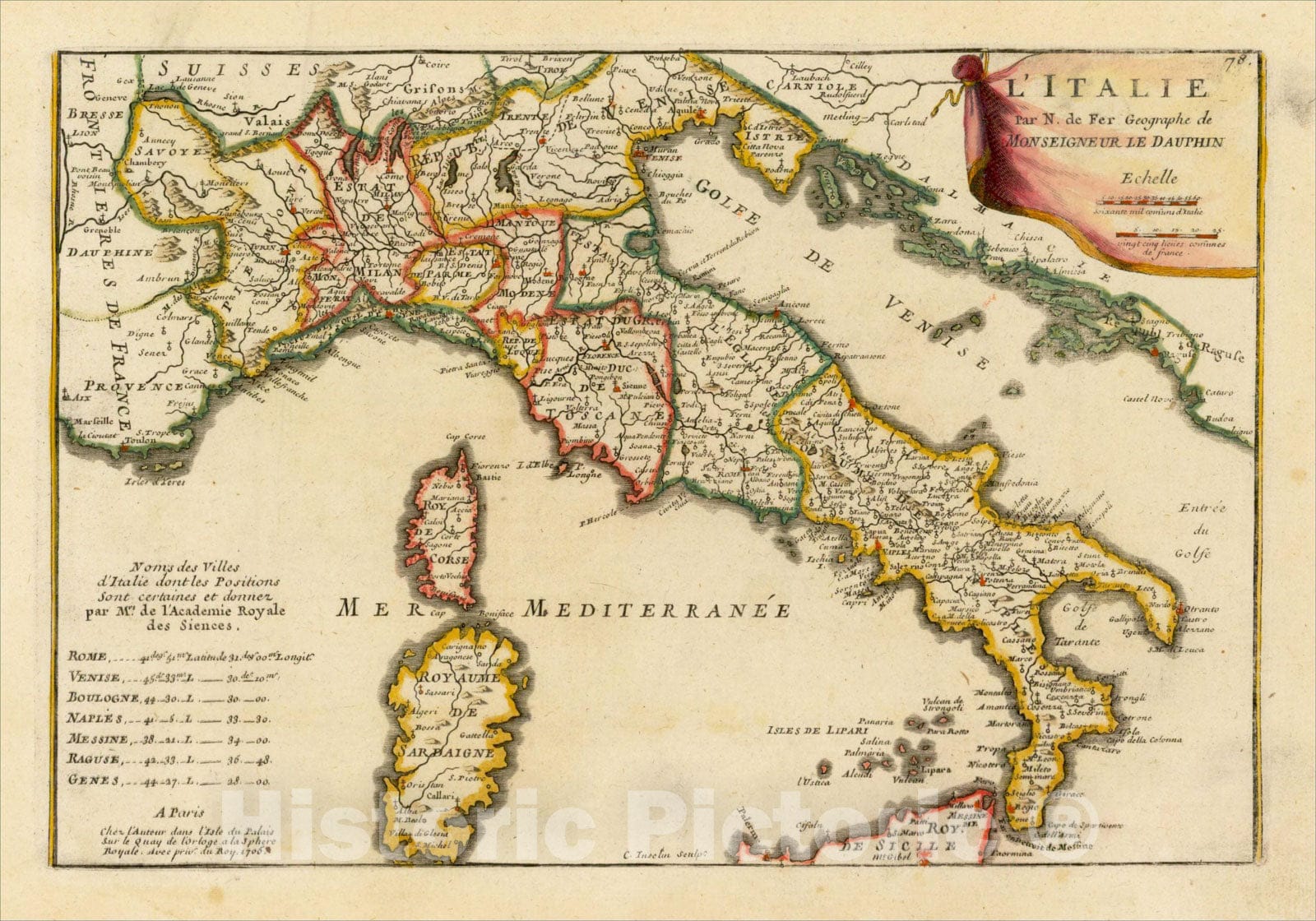 Historic Map : L'Italie, 175, 1705, Nicolas de Fer, v2, Vintage Wall Art