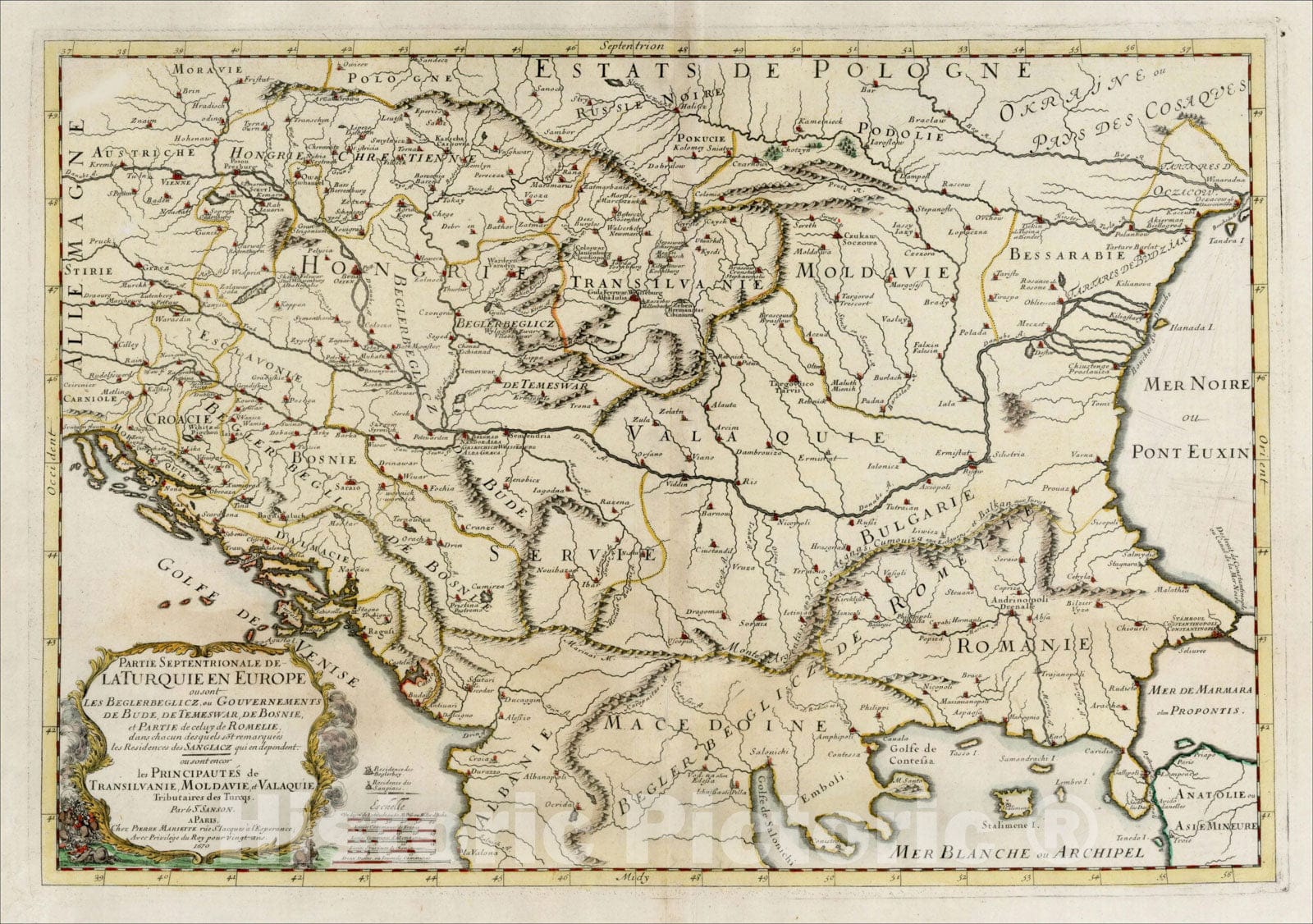 Historic Map : Partie Septentrionale de la Turquie ou sont Les Beglebegliczou Gouvernements De Bude, De Temeswar, 1670, Nicolas Sanson, Vintage Wall Art
