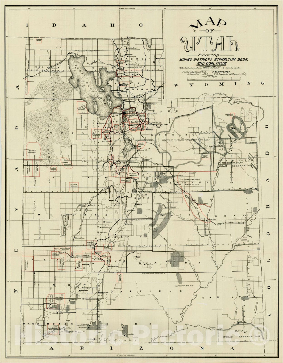 Historic Map : Map of Utah Showing Mining Districts, Asphaltum Beds and Coal Fields, 1894, 1894, J.B. Rawlings, Vintage Wall Art