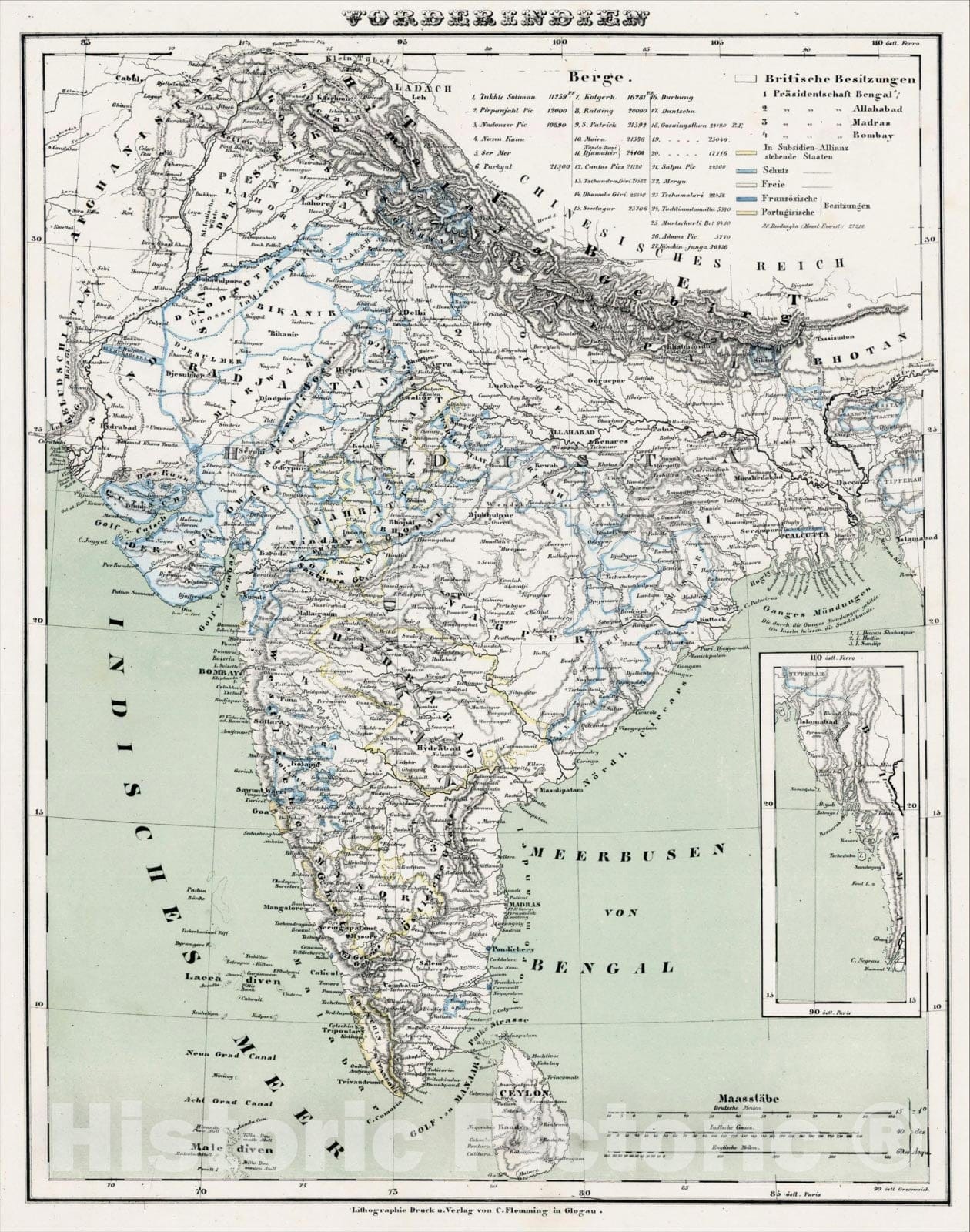 Historic Map : Vorderindien, c1850, Carl Flemming, Vintage Wall Art