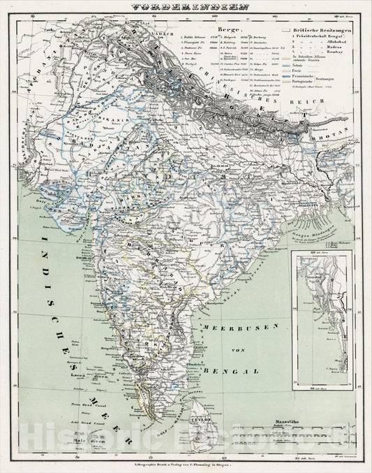 Historic Map : Vorderindien, c1850, Carl Flemming, Vintage Wall Art