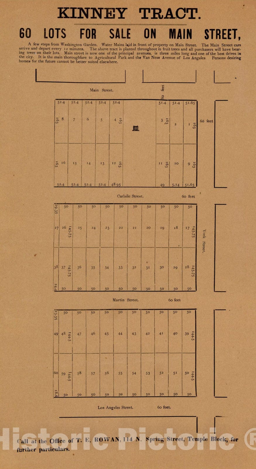 Historic Map : Kinney Tract. 6 Lots For Sale On Main Street, c1884, Abbott Kinney, Vintage Wall Art