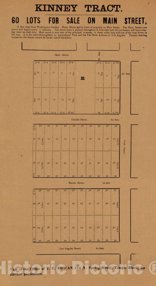 Historic Map : Kinney Tract. 6 Lots For Sale On Main Street, c1884, Abbott Kinney, Vintage Wall Art