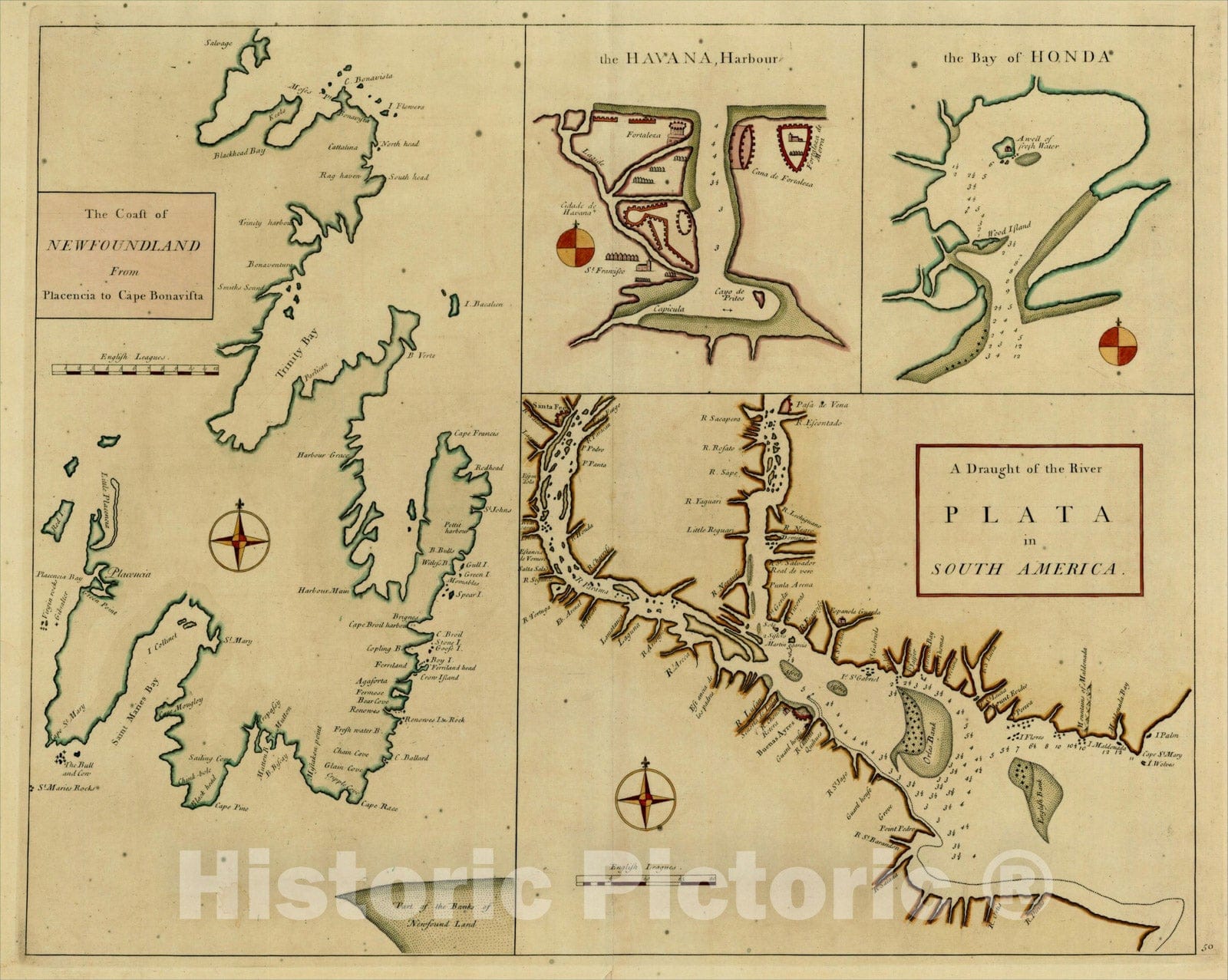 Historic Map : The Coast of Newfoundland From Placencia to Cape Bonavista (with insets of Havana Harbor, The Mouth of the Rio De La Plata and Honda Bay), 1728, Vintage Wall Art