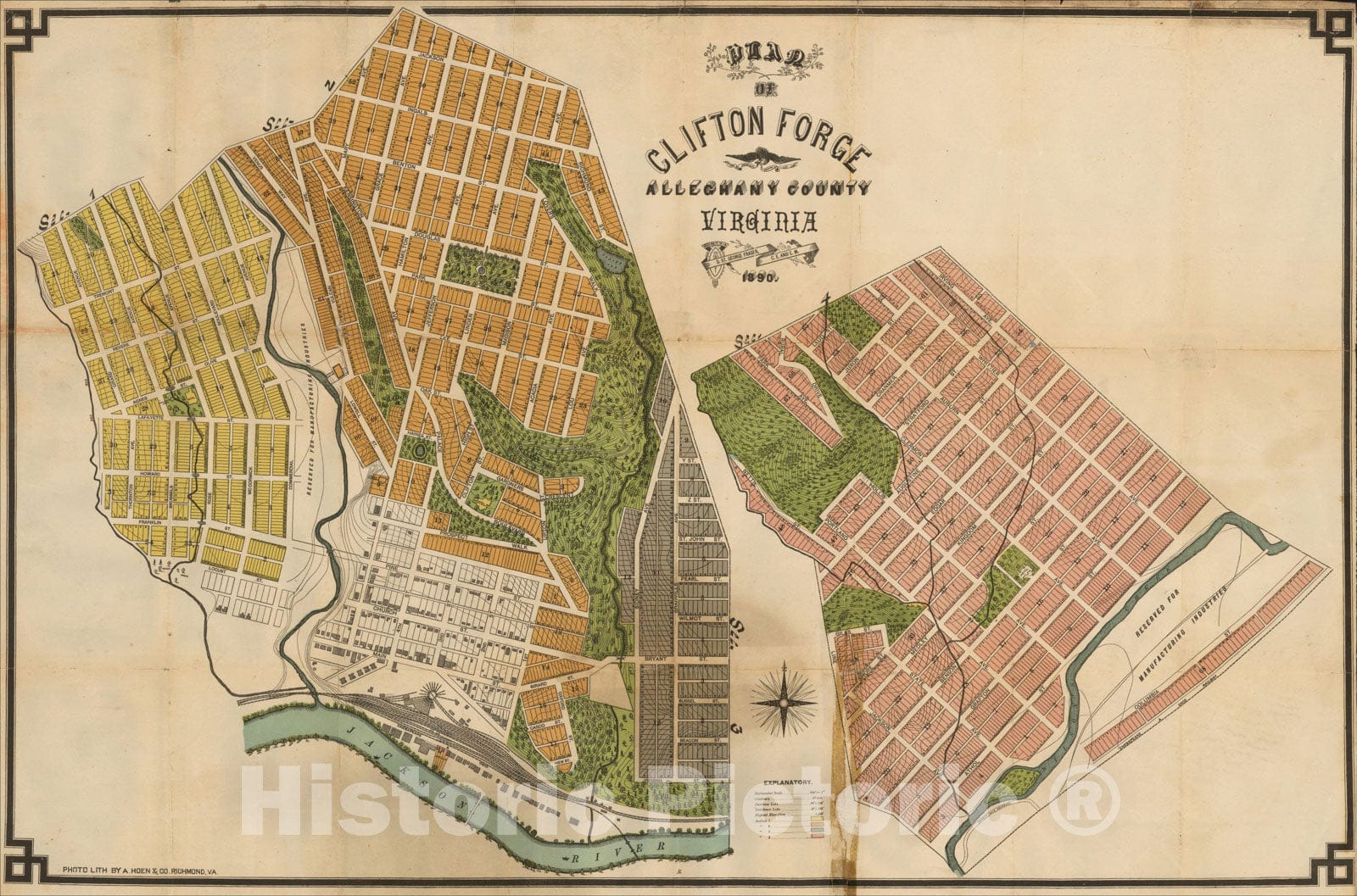Historic Map : Plan of Clifton Forge Alleghany County Virginia, 1890, 1890, D. St. George Fraser, Vintage Wall Art