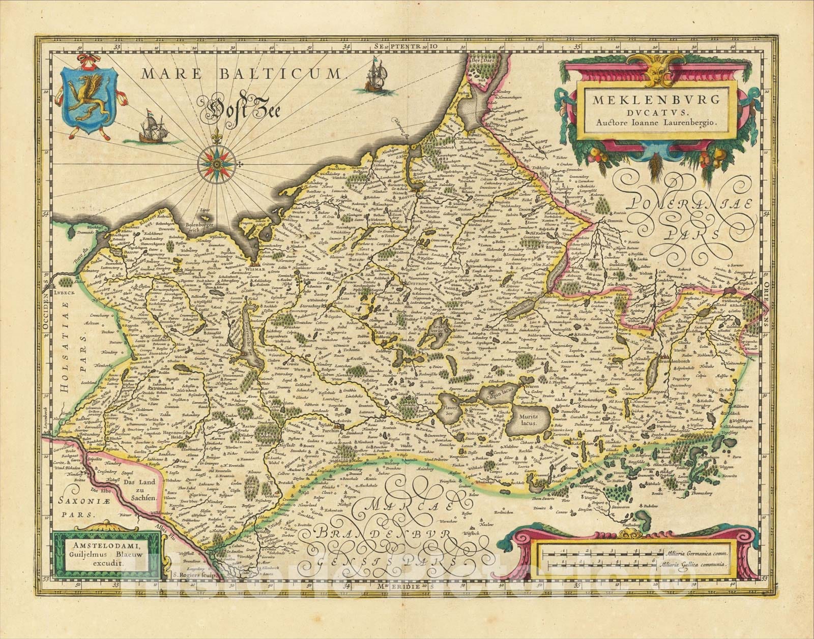 Historic Map : Meklenburg Ducatus. Auctore Ioanne Laurenbergio., 1635, Willem Janszoon Blaeu, Vintage Wall Art