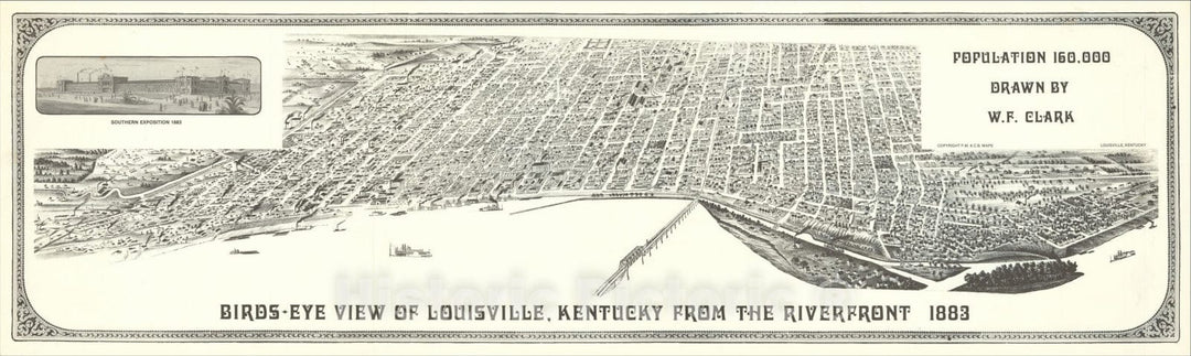 Historic Map : Birds-Eye View of Louisville, Kentucky, From The Riverfront 1883, Drawn By W.F. Clark, 1883, W. F. Clark, Vintage Wall Art