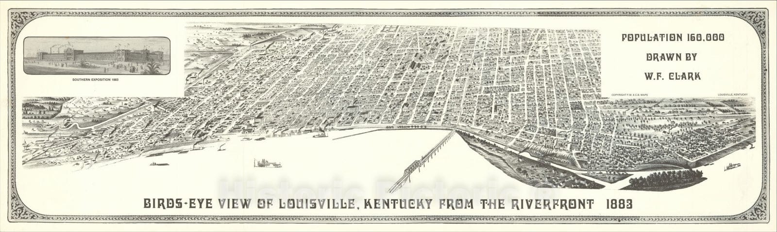 Historic Map : Birds-Eye View of Louisville, Kentucky, From The Riverfront 1883, Drawn By W.F. Clark, 1883, W. F. Clark, Vintage Wall Art