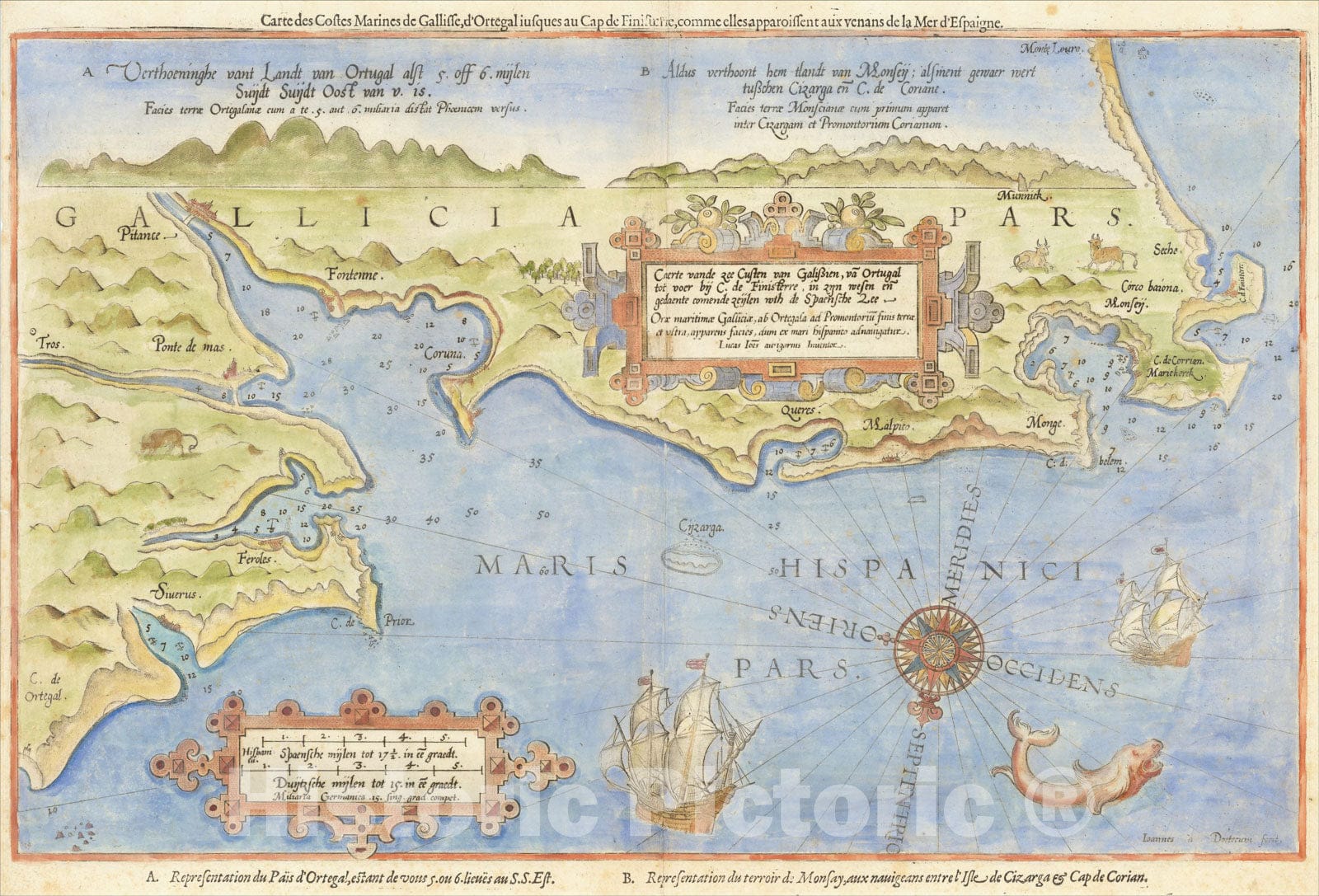 Historic Map : Caerte vande zee Custen van Galissien, va Ortugal tot voer bij C. de Finisterre, en gedaente comende zeijlen ?? de Spaenshe Zee, 1584, Vintage Wall Art