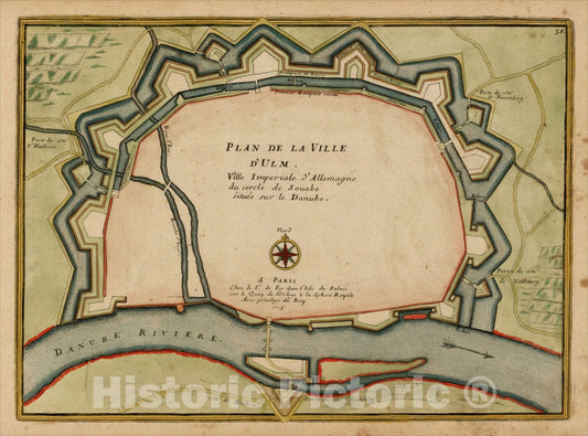 Historic Map : Plan De La Ville D'Ulm Ville Imperiale d'Allemagne de cerecle de Souabe situtee sur le Danube, 1705, Nicolas de Fer, Vintage Wall Art