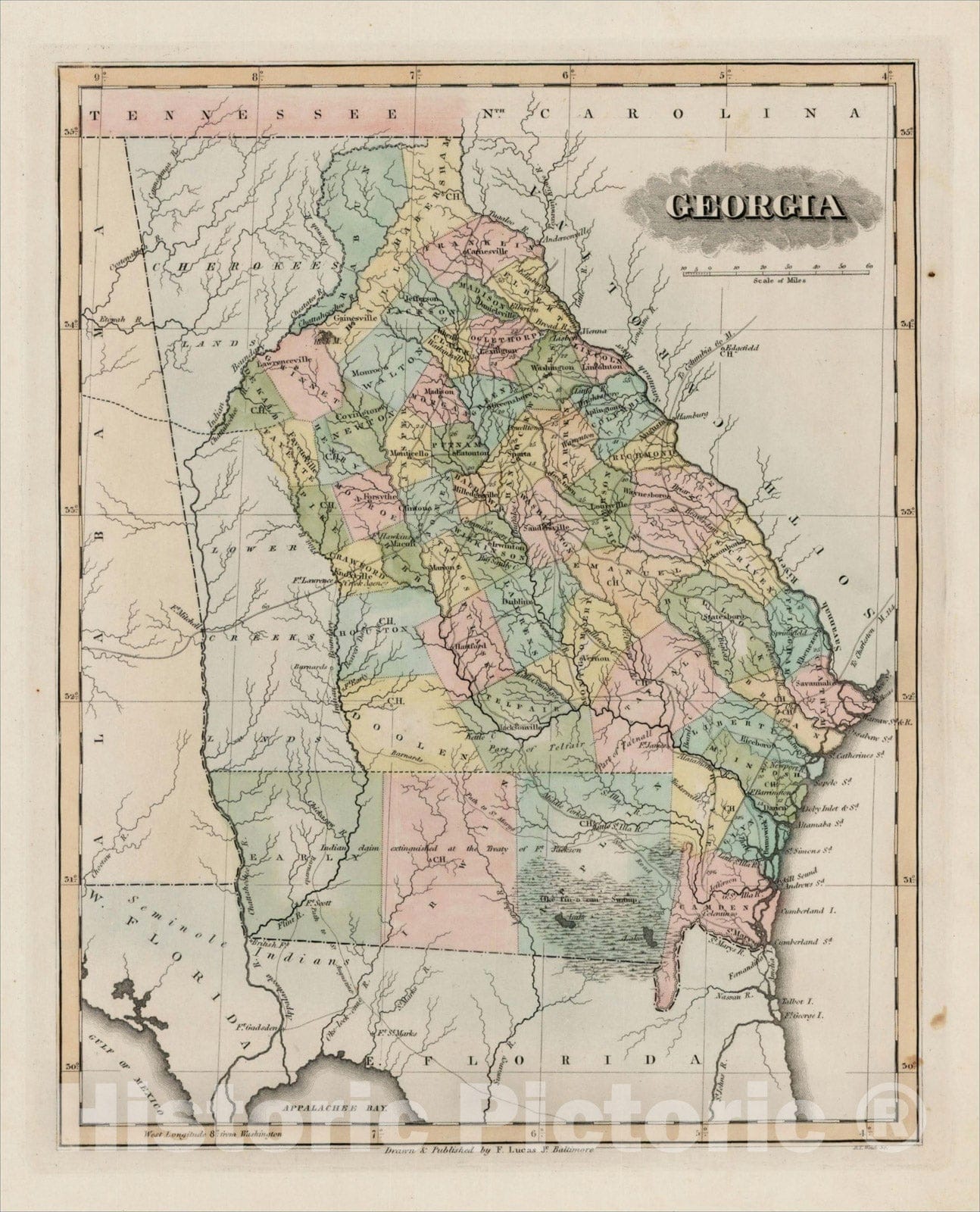 Historic Map : Georgia, 1822, Fielding Lucas Jr., v1, Vintage Wall Art