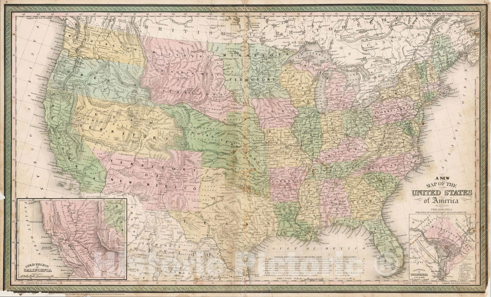 Historic Map : A New Map of the United States of America By J.H. Young, 1854, , Vintage Wall Art