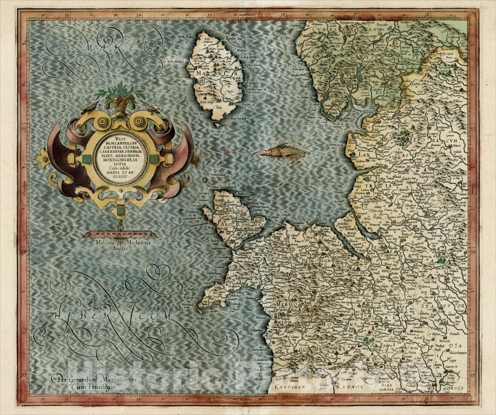 Historic Map : Westmorlandia, Lancastria, Cestria, Caernarvan, Denbigh, Flint, Merionidh, Montgomery, Salopia, Cum insulis, 1595, Vintage Wall Art