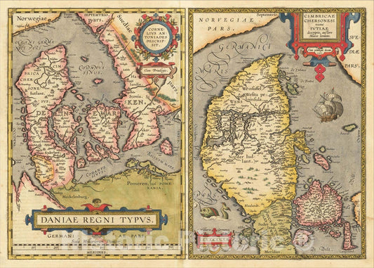 Historic Map : Daniae Regni Typus with Cimbricae Chersonese nunc Iutiae descriptio .., 1603, Abraham Ortelius, Vintage Wall Art