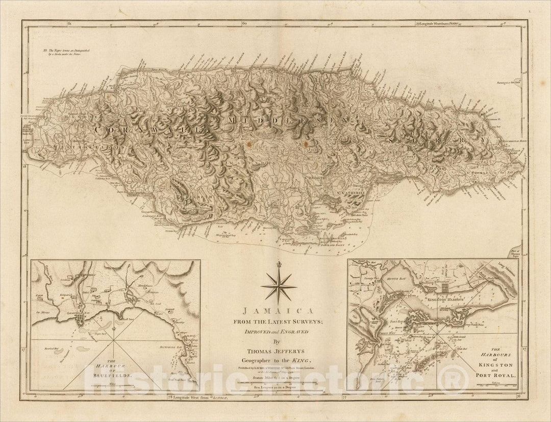 Historic Map : Jamaica from the Latest Surveys; Improved and Engraved by Thomas Jefferys Geographer to the King, 1794, 1794, Laurie & Whittle, Vintage Wall Art