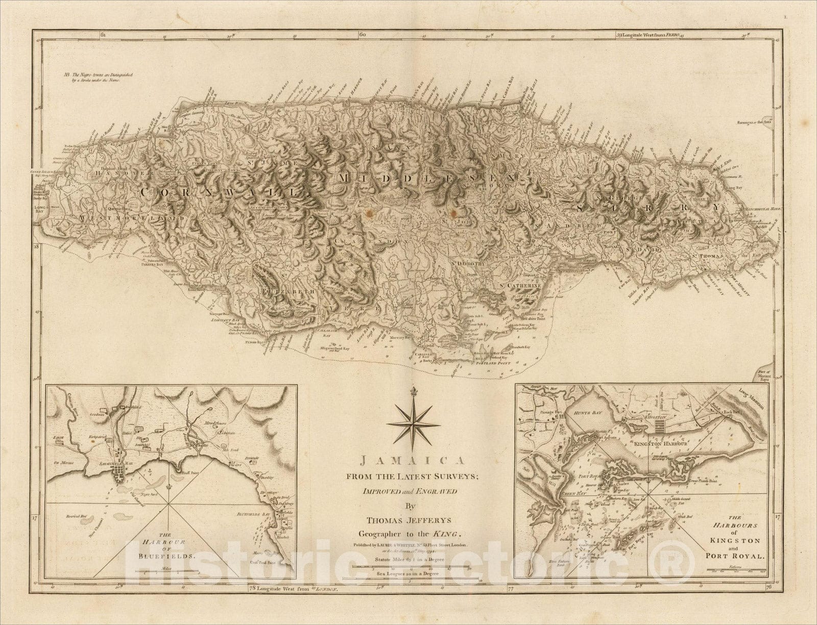 Historic Map : Jamaica from the Latest Surveys; Improved and Engraved by Thomas Jefferys Geographer to the King, 1794, 1794, Laurie & Whittle, Vintage Wall Art