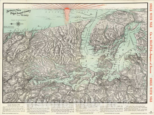 Historic Map : Birdseye View of Puget Sound and Vicinity, 1914, Puget Sound Navigation Company, Vintage Wall Art