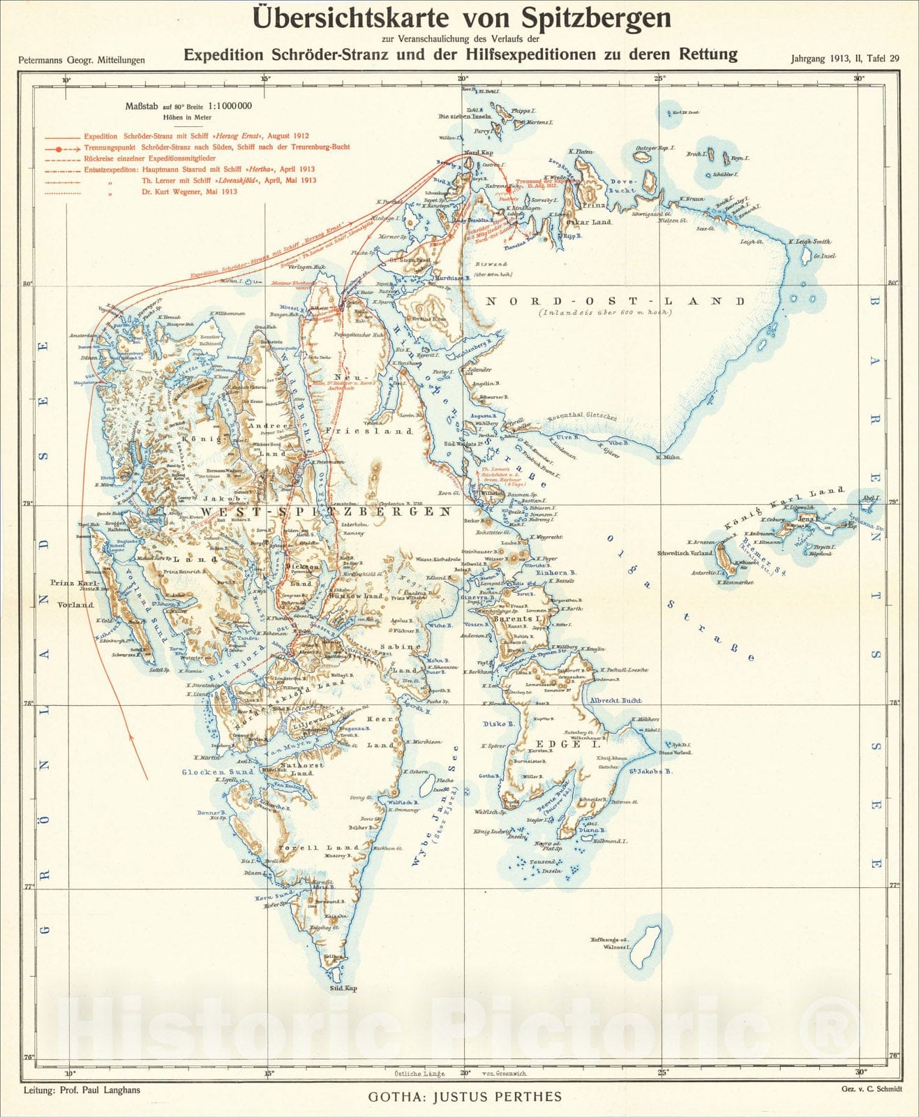 Historic Map : ?ersichtskarte von Spitzbergen zur Veranschaulichung des Verlaufs der Expedition Schr?der-Stranz, 1913, Justus Perthes, Vintage Wall Art