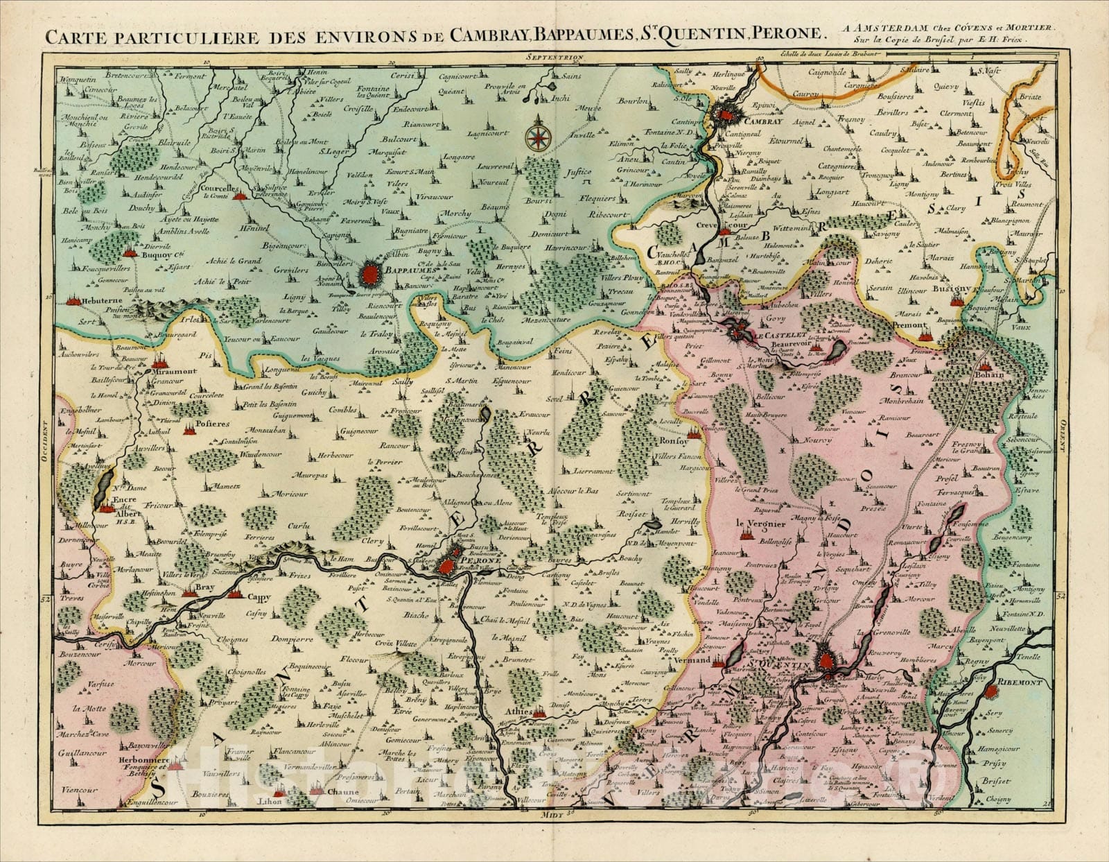 Historic Map : Carte Particuliere Des Environs De Cambray, BAppaumes, St. Quentin, Perone, c1730, Johannes Covens, Vintage Wall Art