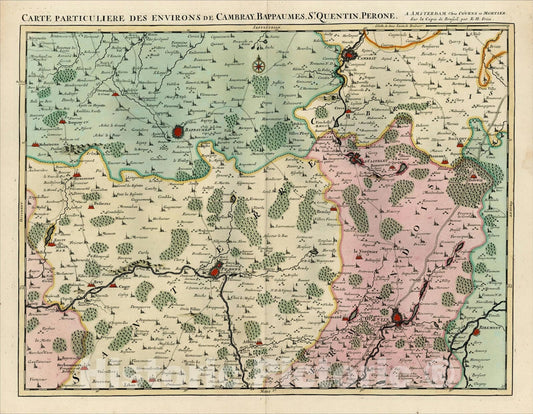 Historic Map : Carte Particuliere Des Environs De Cambray, BAppaumes, St. Quentin, Perone, c1730, Johannes Covens, Vintage Wall Art