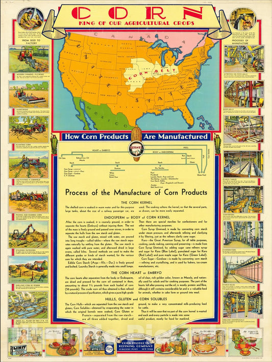 Historic Map : Corn - King of Our Agricultural Crops, 1929, Corn Products Refining Company, Vintage Wall Art