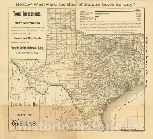 Historic Map : Latest and Correct Map of the State of Texas., 1889, Francis Smith, Caldwell & Co., Vintage Wall Art