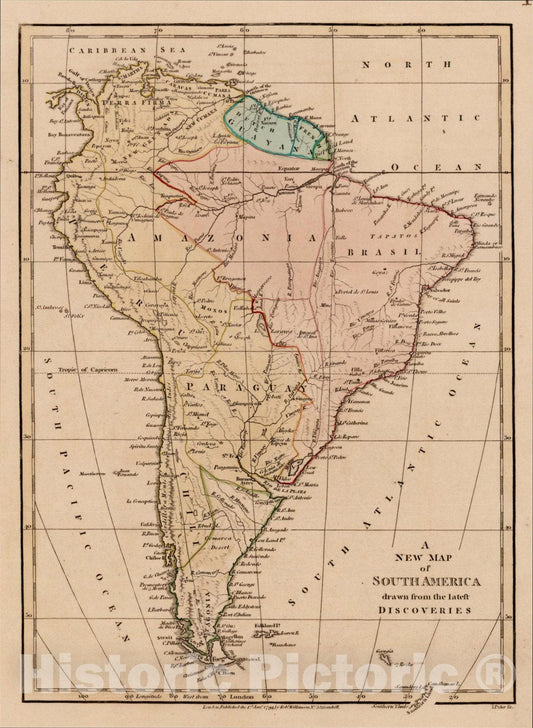 Historic Map : A New Map of South America drawn from the latest Discoveries, 1794, Robert Wilkinson, Vintage Wall Art