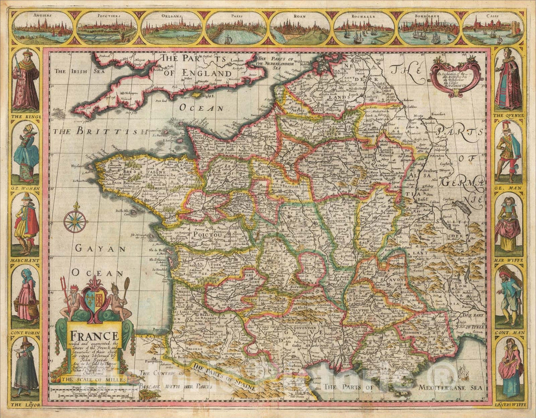 Historic Map : France revised and augmented the attires of the French and Situations of their Cheifest cityes observed by John Speede, 1626, 1676, , Vintage Wall Art