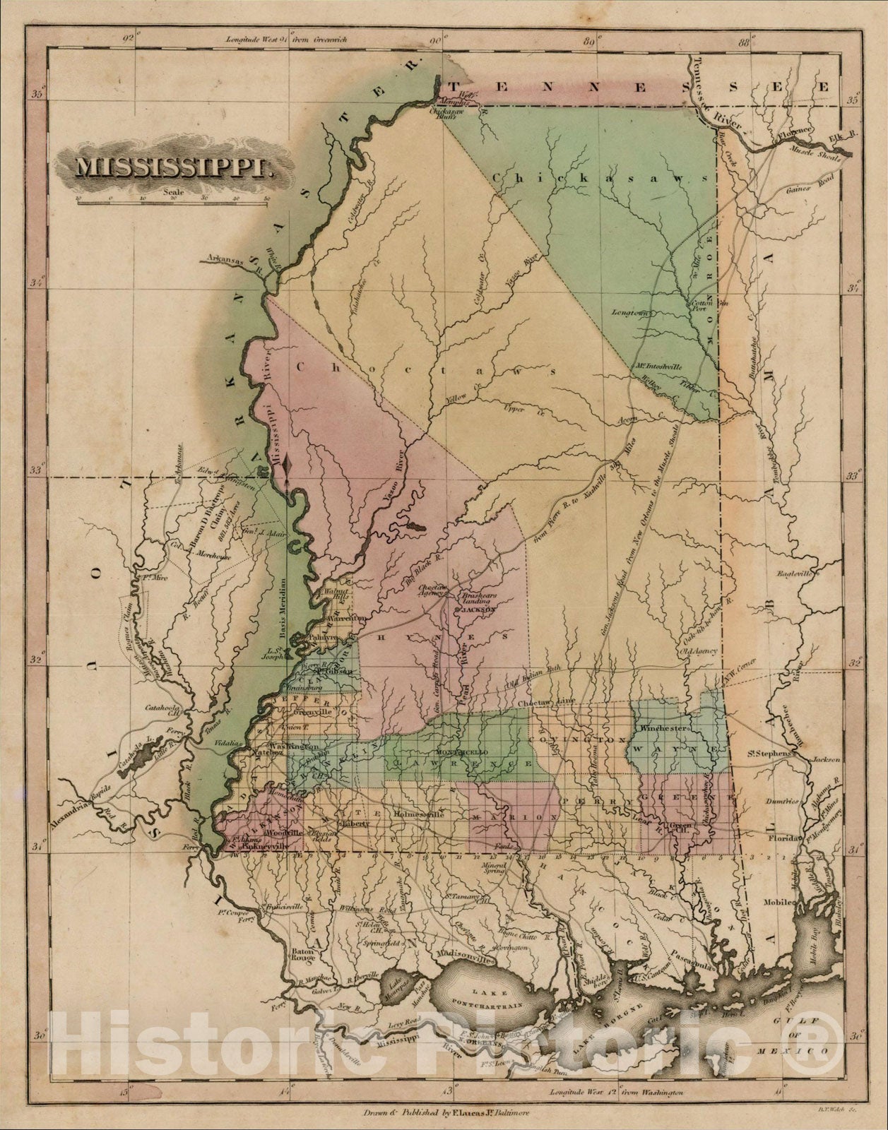 Historic Map : Mississippi, 1822, Fielding Lucas Jr., v2, Vintage Wall Art