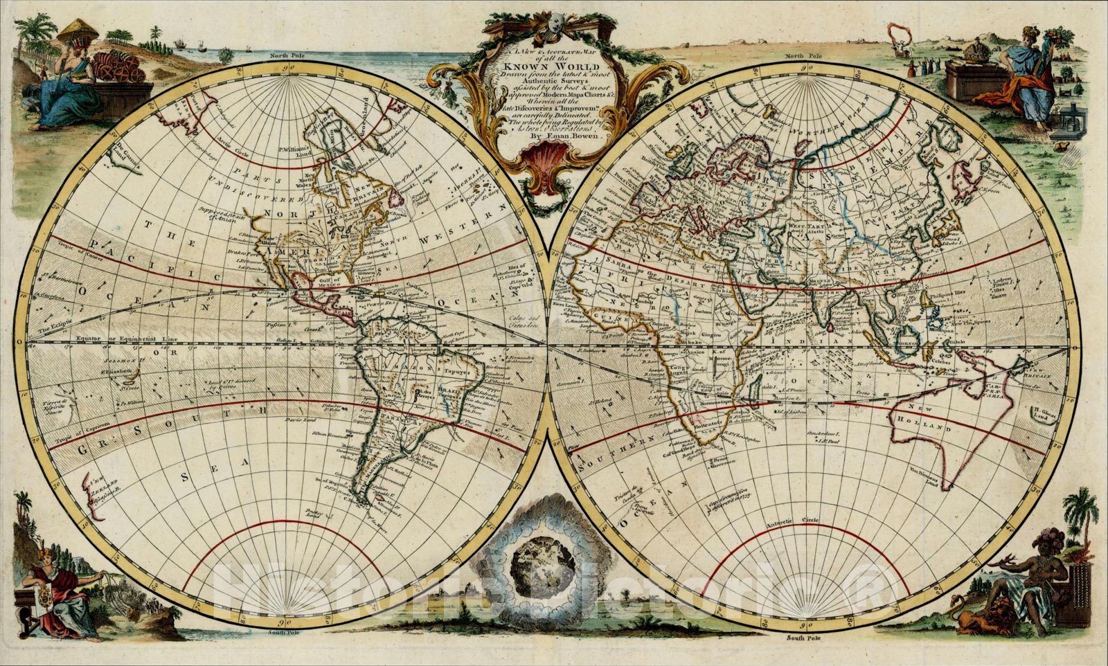 Historic Map : A New & Accurate Map of all the Known World Drawn from the latest & most Authentic Surveys . . ., 1744, Emanuel Bowen, v1, Vintage Wall Art