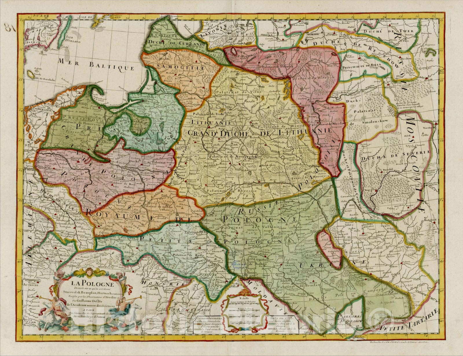 Historic Map : La Pologne Dressee sur cd qu'en ot donne Starovolsk, Beauplan, Hartnoch?, 1780, Philippe Buache, Vintage Wall Art