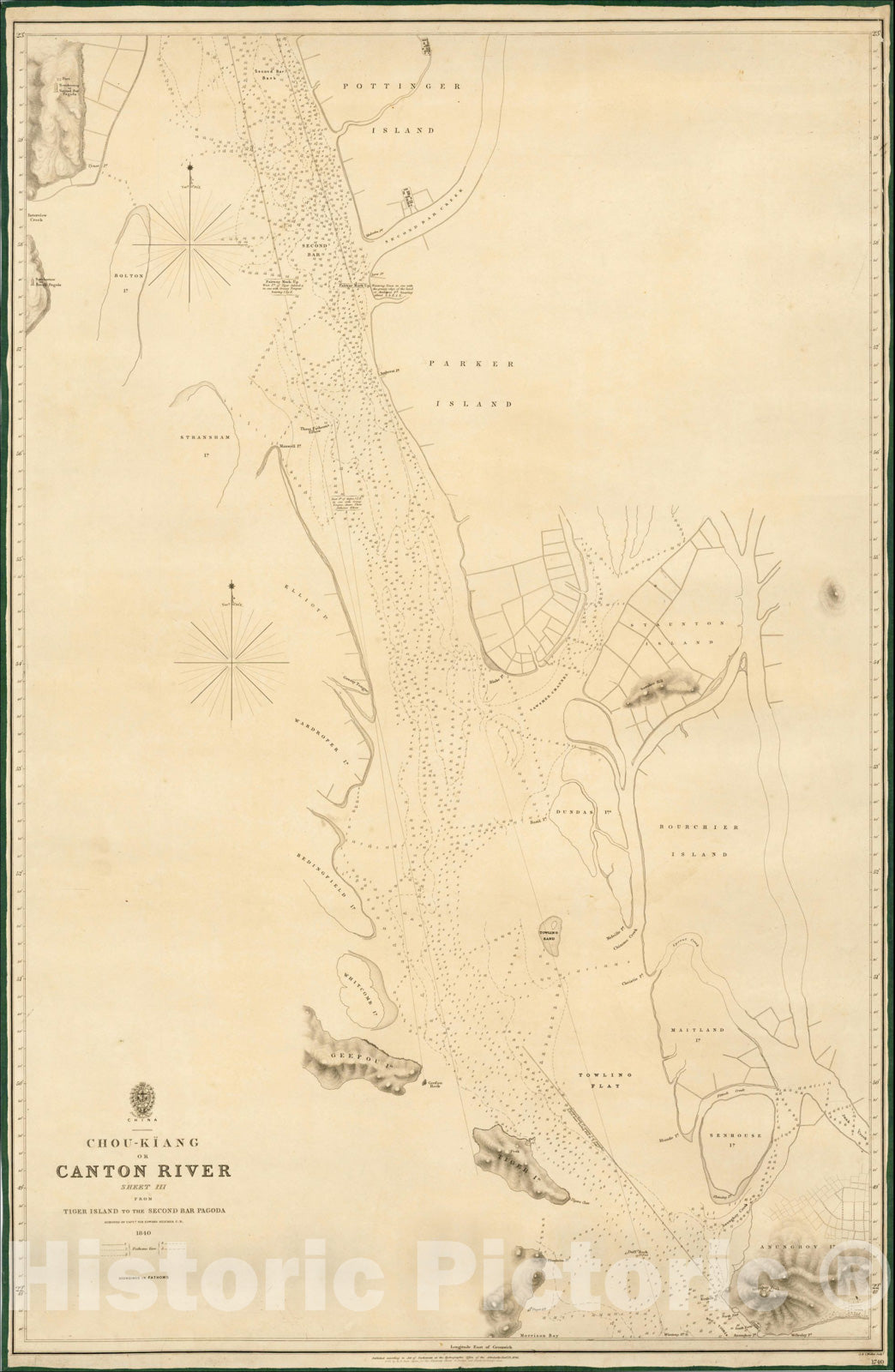 Historic Map : Chou-Kiang or Canton River Sheet III from Tiger Island to the Second Bar Pagoda Surveyed by Captn. Sir. Edward Belcher C.B., 1846, Vintage Wall Art