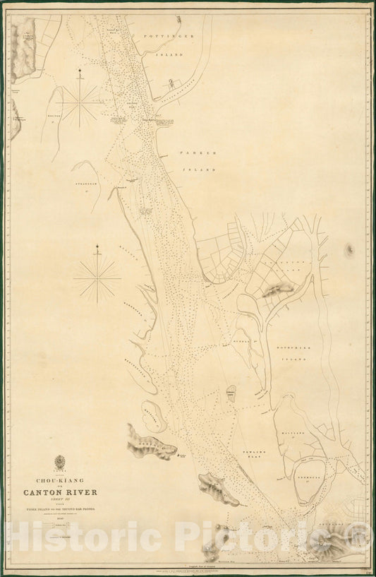 Historic Map : Chou-Kiang or Canton River Sheet III from Tiger Island to the Second Bar Pagoda Surveyed by Captn. Sir. Edward Belcher C.B., 1846, Vintage Wall Art