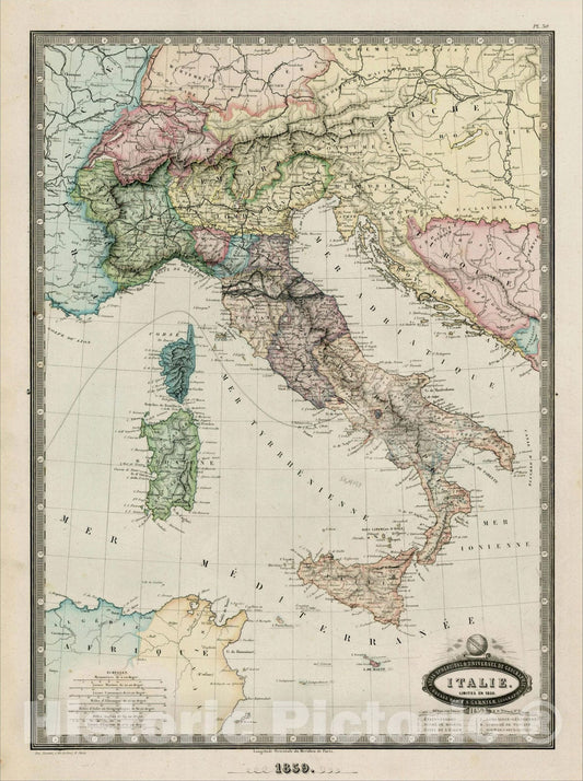 Historic Map : Italie Limites en 1859, 1861, F.A. Garnier, Vintage Wall Art