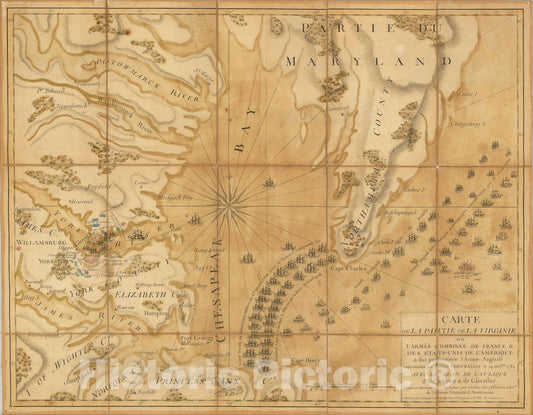 Historic Map : Carte de la Partie de la Virginia ou L?Armee Combinee de France & Des Etats-Unis de L?Amerique a fait prisonniere, c1782, Jacques Esnauts, Vintage Wall Art