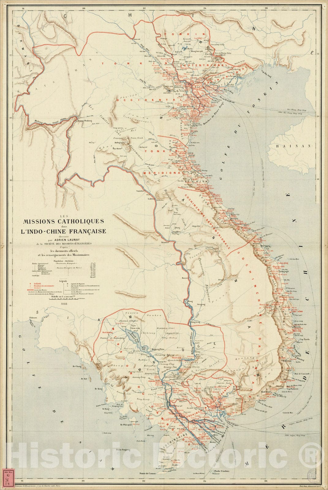 Historic Map : Les Missions Catholiques dans L'Indo-Chine Francaise dresee pa Adrian Launay de la Societe Des Missions, 1888, , Vintage Wall Art