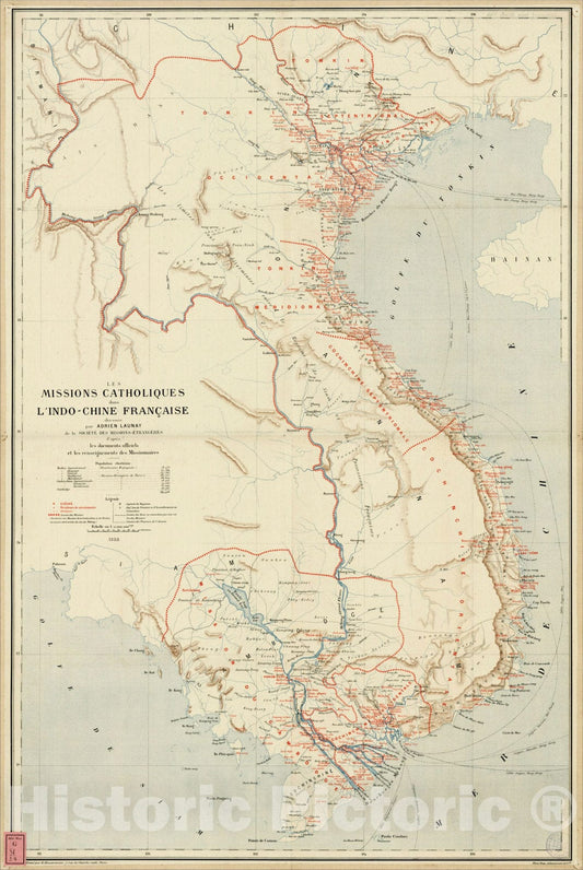 Historic Map : Les Missions Catholiques dans L'Indo-Chine Francaise dresee pa Adrian Launay de la Societe Des Missions, 1888, , Vintage Wall Art