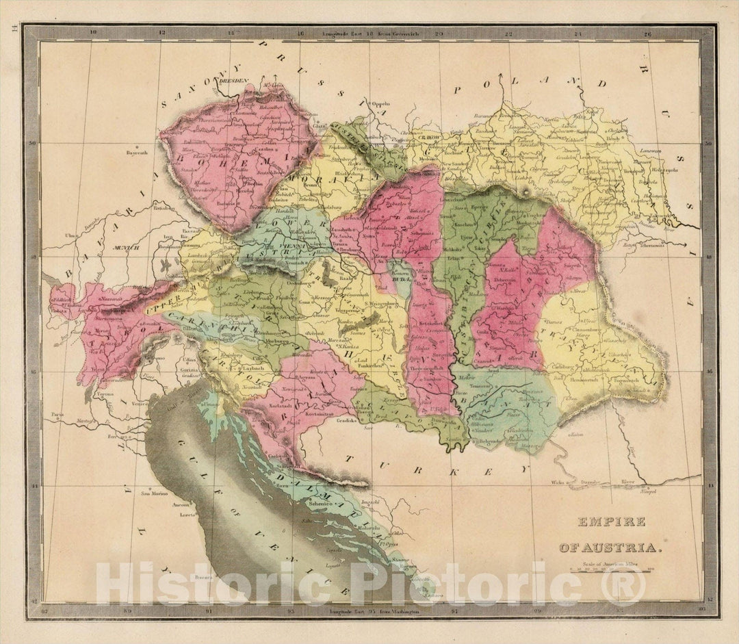 Historic Map : Empire of Austria, 1842, Jeremiah Greenleaf, Vintage Wall Art