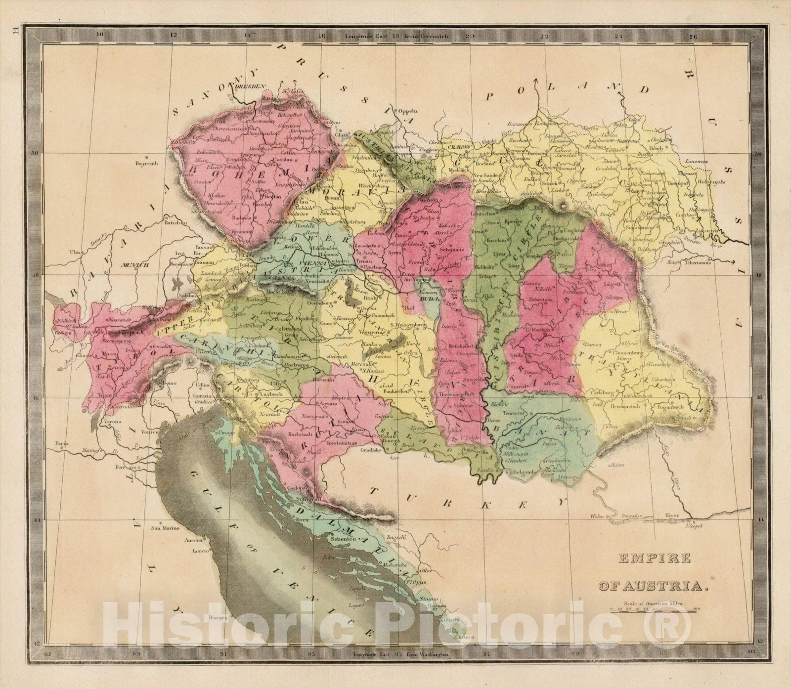 Historic Map : Empire of Austria, 1842, Jeremiah Greenleaf, Vintage Wall Art