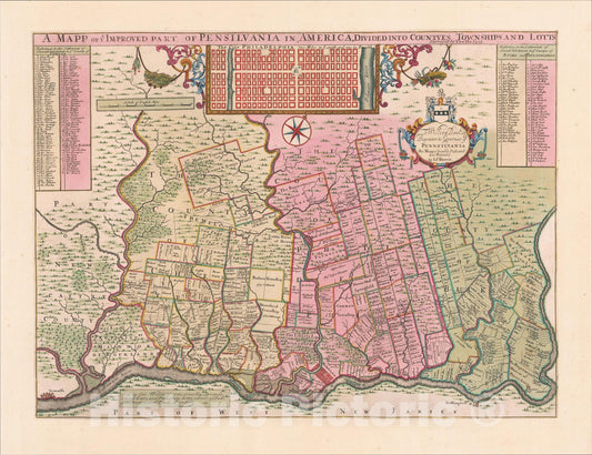 Historic Map : A Mapp of ye Improved Part of Pensilvania in America. Divided into Countyes, Townships and Lotts Surveyed by Tho: Holme, ., 1687, Vintage Wall Art