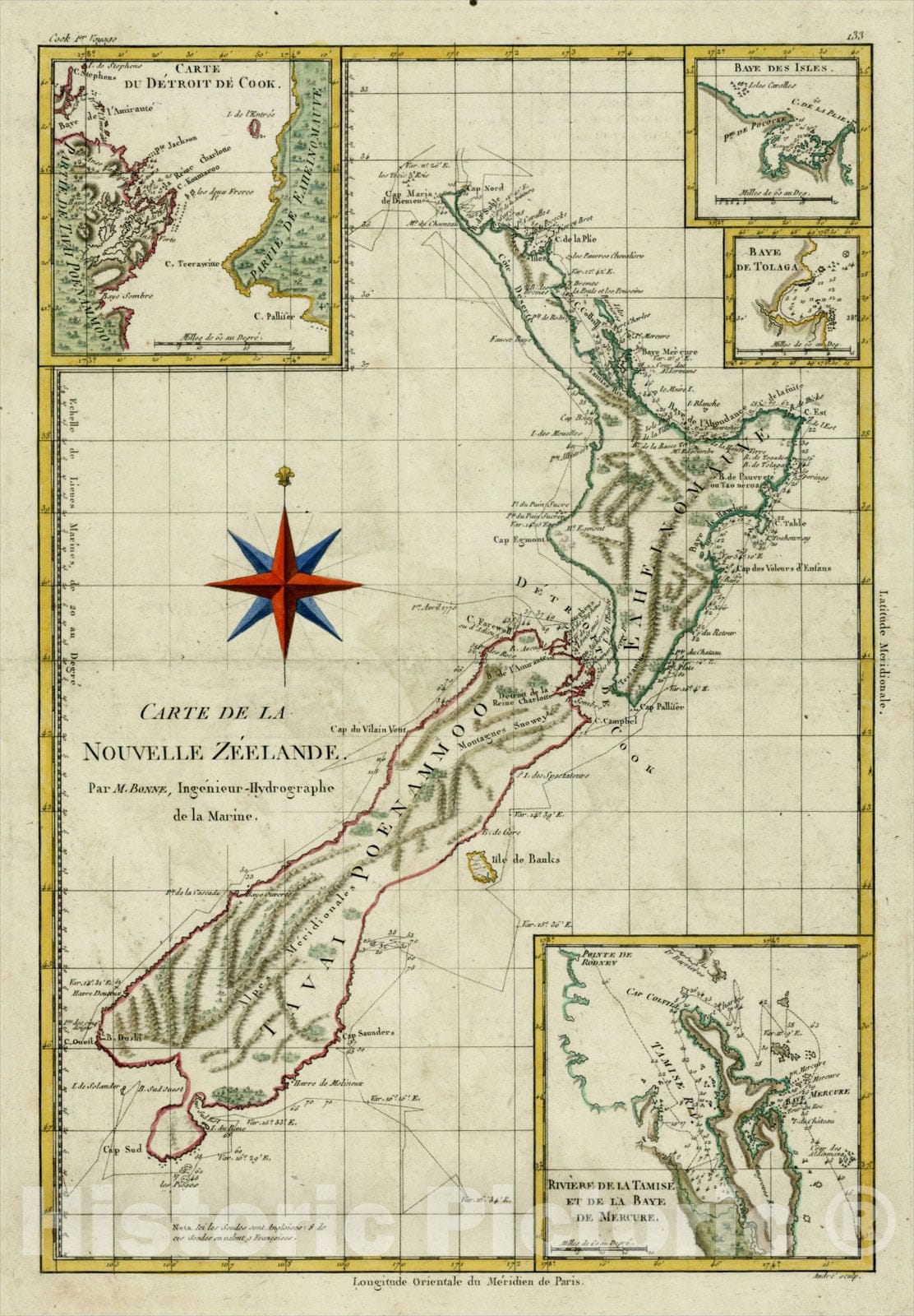 Historic Map : Carte De La Nouvelle Zeelande, 1787, Rigobert Bonne, v2, Vintage Wall Art