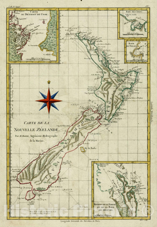 Historic Map : Carte De La Nouvelle Zeelande, 1787, Rigobert Bonne, v2, Vintage Wall Art
